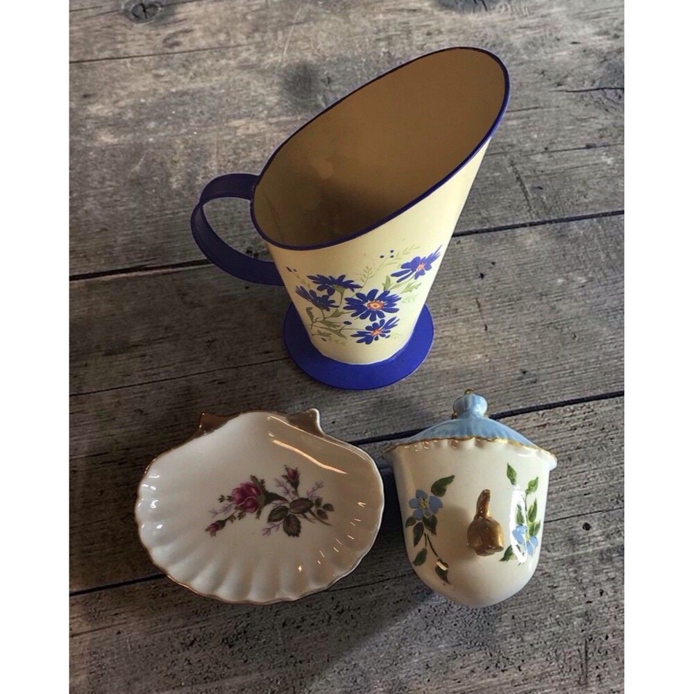 Vintage 3 Piece Set,Hand Painted Pitcher Tin ,Sop Dish,Wall Place Sm